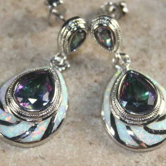 White Fire Opal Stud Earrings - Picture 1 of 2